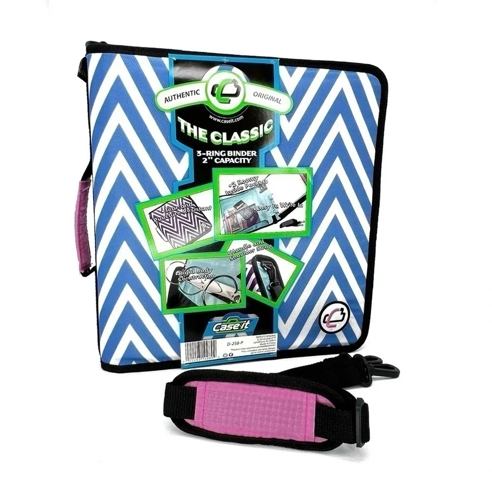Case-It “The Classic” 2” Three Ring Binder Blue & White Chevron Pink 3 New NWT